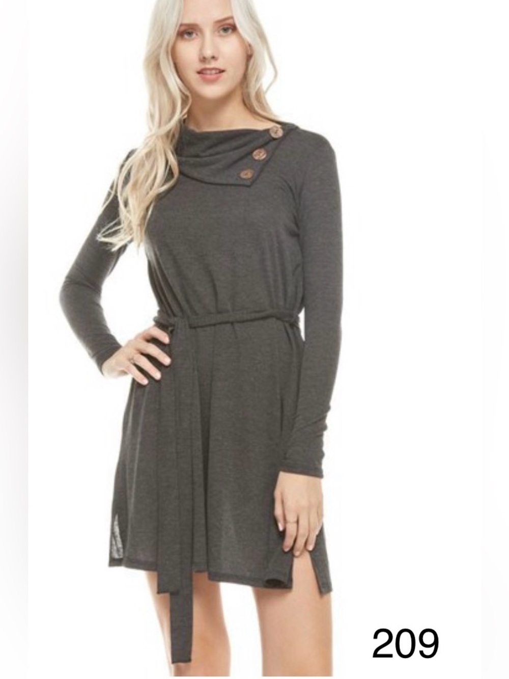 Long Sleeve Belted look brown Dress with Buttoned Cowl Neck